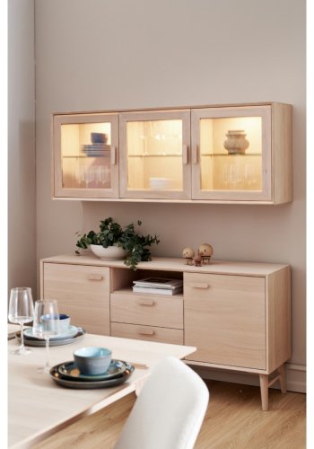 Porto Small vgskab, m. LED lys, 3 glaslger, 3 glashylder - hvidolieret egetrsfinér og egetr