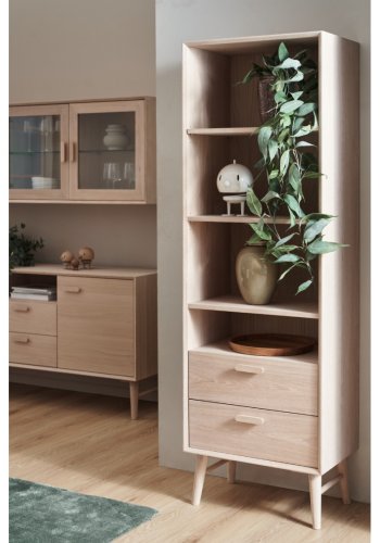 Porto bogreol, m. 3 hylder og 2 skuffer - hvidolieret egetrsfinér og tr