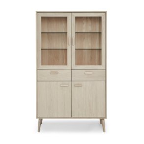 Porto vitrineskab, m. LED lys, 4 lger, 2 skuffer, 6 hylder - glas, hvidolieret egetrsfinér og tr