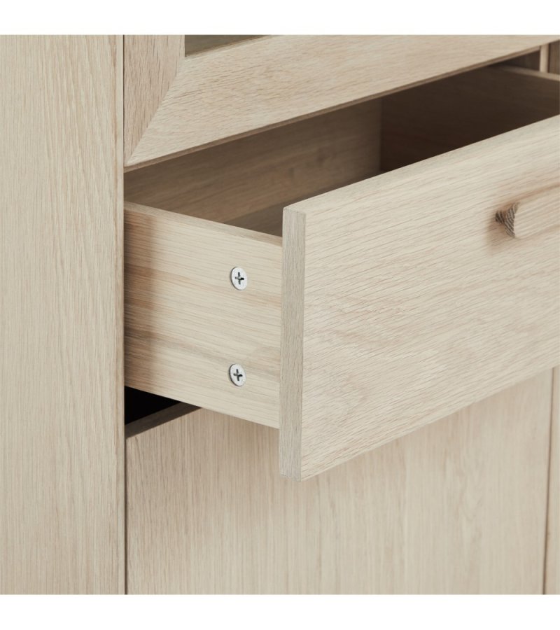 Porto vitrineskab, m. LED lys, 4 lger, 2 skuffer, 6 hylder - glas, hvidolieret egetrsfinér og tr