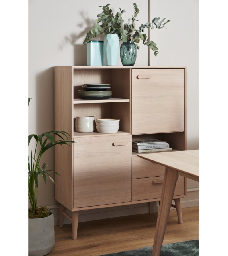 Porto hj sknk, m. 2 lger, 3 hylder og 2 skuffer - hvidolieret egetrsfinér og tr (100x40)