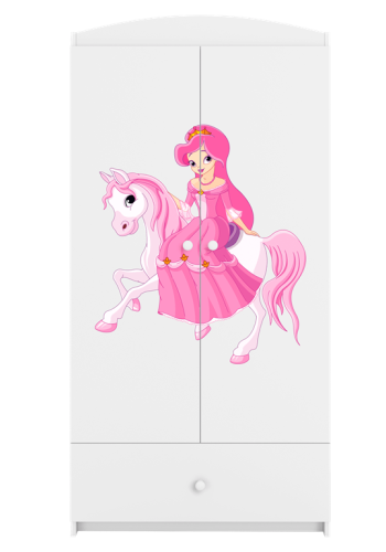Babydreams garderobeskab til brn med prinsesse p hest, m. 2 lger, 1 skuffe - hvid laminat
