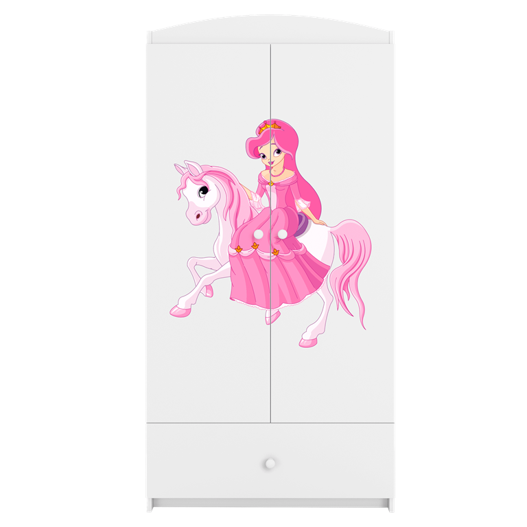 Babydreams garderobeskab til brn med prinsesse p hest, m. 2 lger, 1 skuffe - hvid laminat