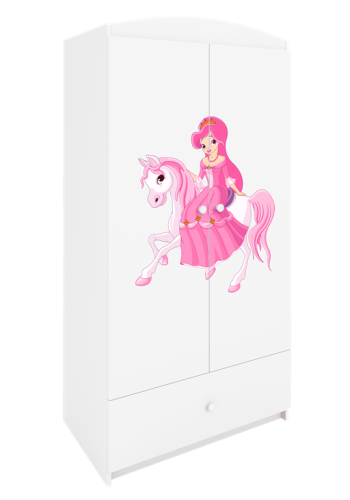 Babydreams garderobeskab til brn med prinsesse p hest, m. 2 lger, 1 skuffe - hvid laminat