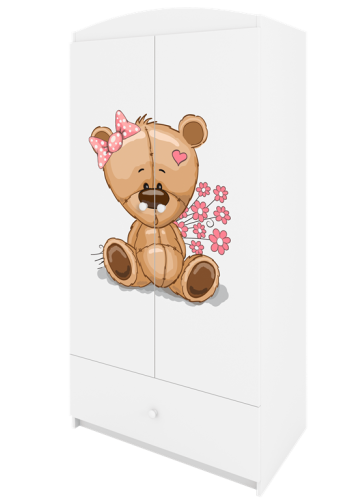 Babydreams garderobeskab til brn med bamse med blomster, m. 2 lger, 1 skuffe - hvid laminat