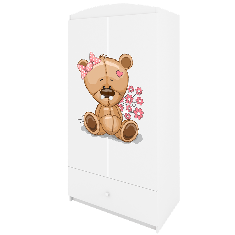 Babydreams garderobeskab til brn med bamse med blomster, m. 2 lger, 1 skuffe - hvid laminat