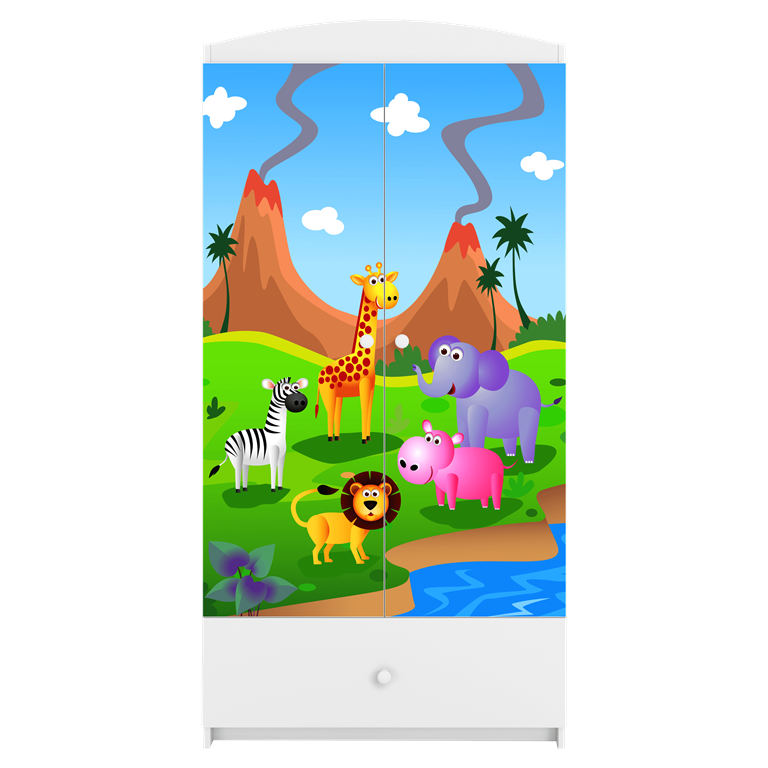 Babydreams garderobeskab til brn med safari dyr, m. 2 lger, 1 skuffe - hvid laminat