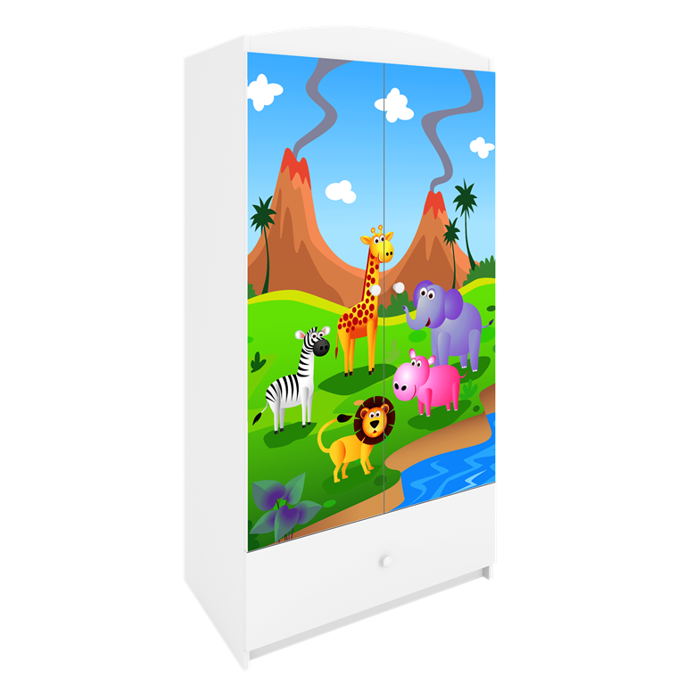 Babydreams garderobeskab til brn med safari dyr, m. 2 lger, 1 skuffe - hvid laminat