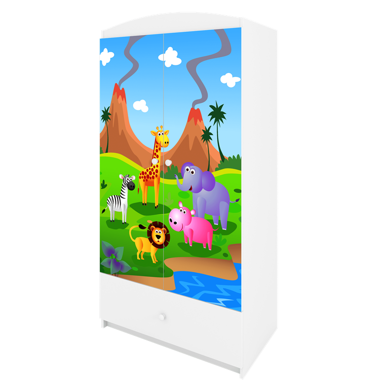 Babydreams garderobeskab til brn med safari dyr, m. 2 lger, 1 skuffe - hvid laminat