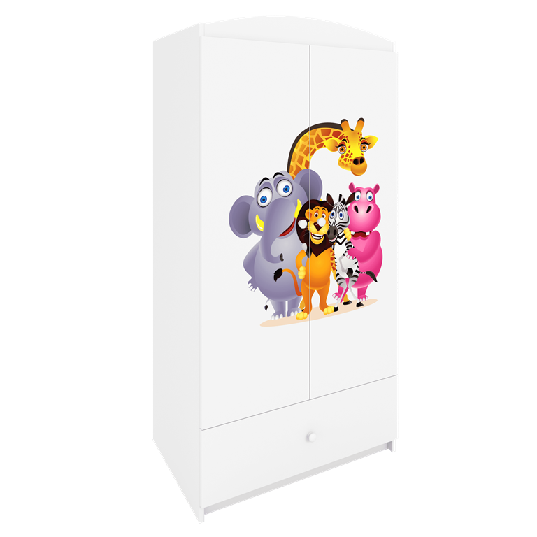 Babydreams garderobeskab til brn med Zoo dyr, m. 2 lger, 1 skuffe - hvid laminat