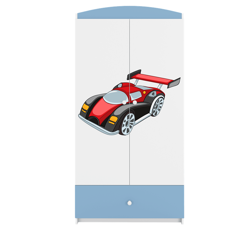Babydreams garderobeskab til brn med racerbil, m. 2 lger, 1 skuffe - hvid og bl laminat