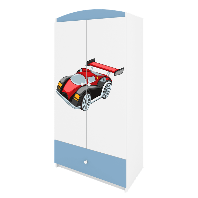 Babydreams garderobeskab til brn med racerbil, m. 2 lger, 1 skuffe - hvid og bl laminat