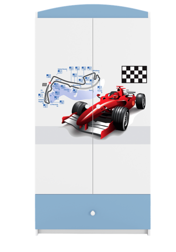Babydreams garderobeskab til brn med racerbil, m. 2 lger, 1 skuffe - hvid og bl laminat