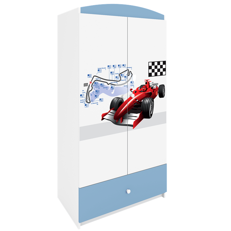 Babydreams garderobeskab til brn med racerbil, m. 2 lger, 1 skuffe - hvid og bl laminat