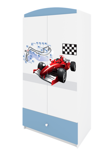 Babydreams garderobeskab til brn med racerbil, m. 2 lger, 1 skuffe - hvid og bl laminat