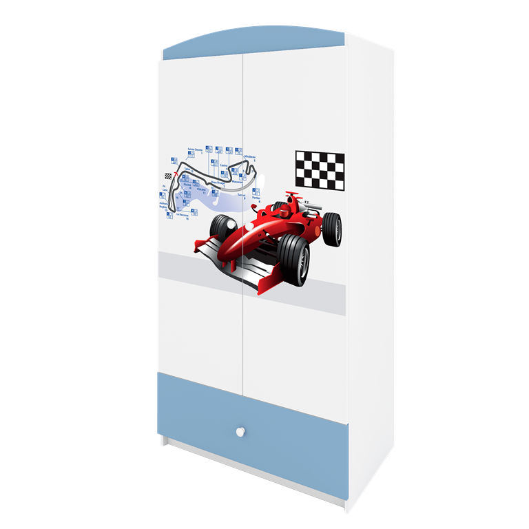 Babydreams garderobeskab til brn med racerbil, m. 2 lger, 1 skuffe - hvid og bl laminat