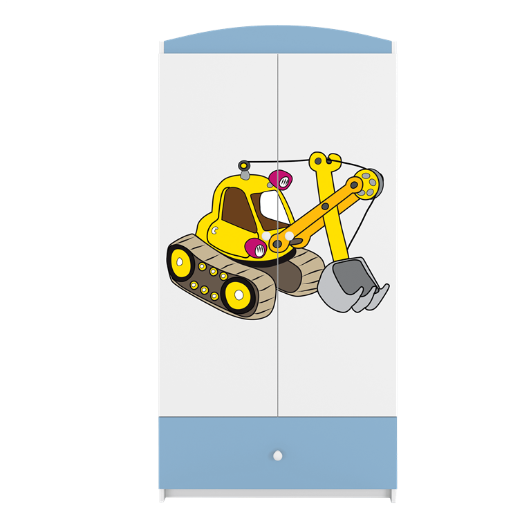 Babydreams garderobeskab til brn med gravemaskine, m. 2 lger, 1 skuffe - hvid og bl laminat