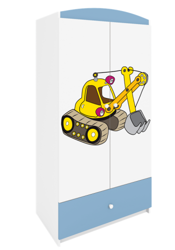 Babydreams garderobeskab til brn med gravemaskine, m. 2 lger, 1 skuffe - hvid og bl laminat