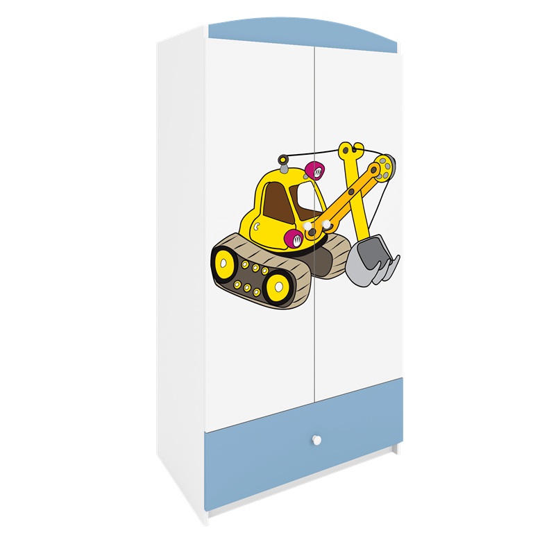 Babydreams garderobeskab til brn med gravemaskine, m. 2 lger, 1 skuffe - hvid og bl laminat
