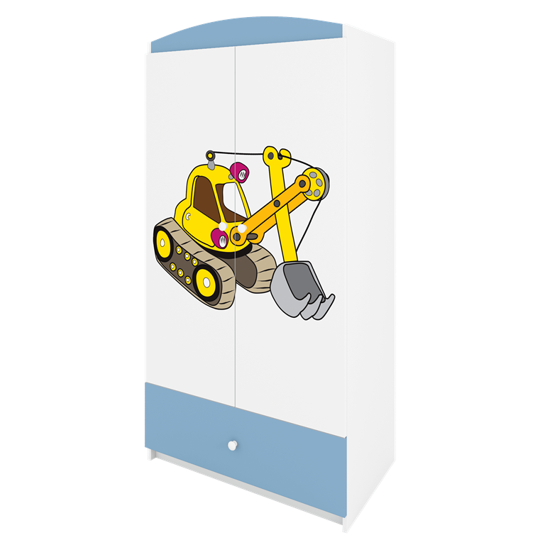 Babydreams garderobeskab til brn med gravemaskine, m. 2 lger, 1 skuffe - hvid og bl laminat