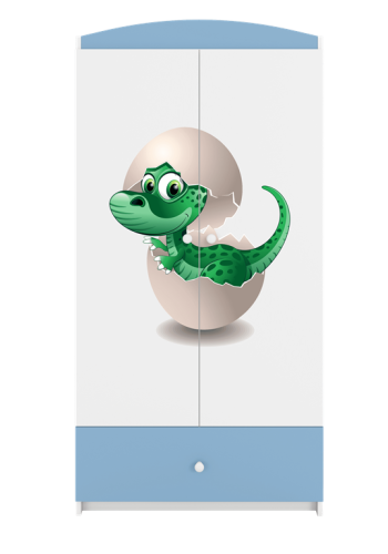 Babydreams garderobeskab til brn med lille dino, m. 2 lger, 1 skuffe - hvid og bl laminat