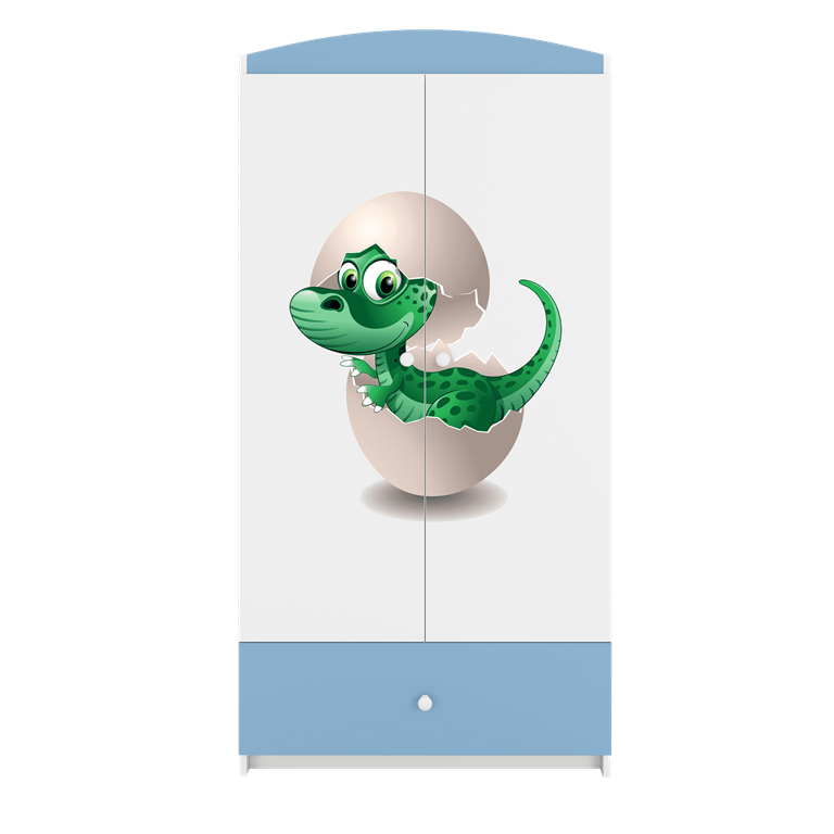 Babydreams garderobeskab til brn med lille dino, m. 2 lger, 1 skuffe - hvid og bl laminat