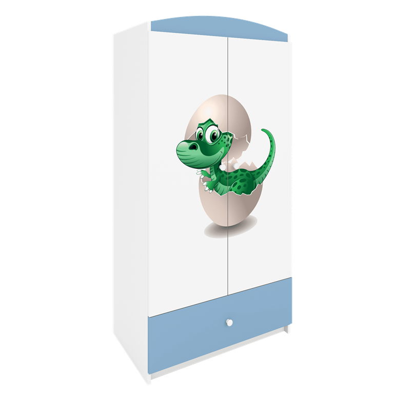 Babydreams garderobeskab til brn med lille dino, m. 2 lger, 1 skuffe - hvid og bl laminat