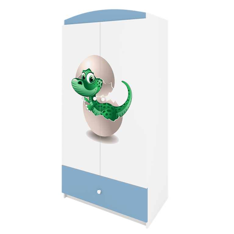 Babydreams garderobeskab til brn med lille dino, m. 2 lger, 1 skuffe - hvid og bl laminat