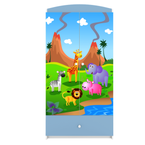 Babydreams garderobeskab til brn med safari dyr, m. 2 lger, 1 skuffe - hvid og bl laminat