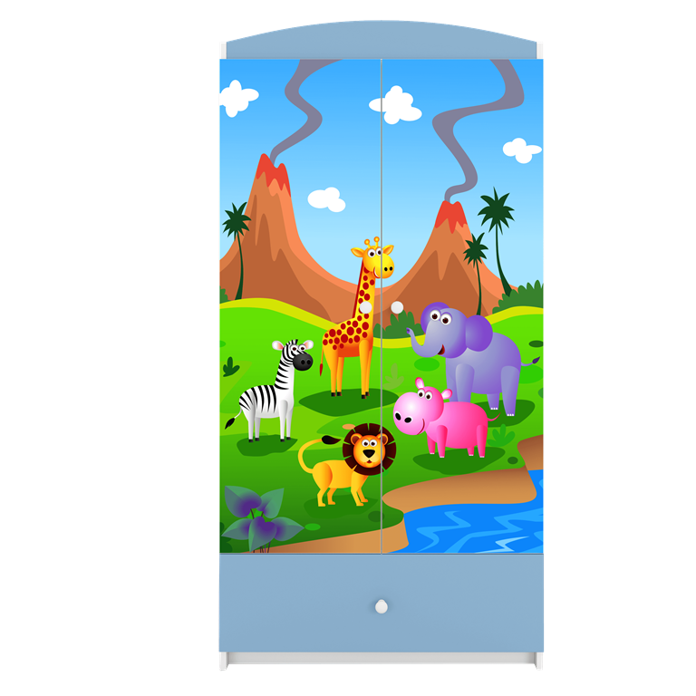 Babydreams garderobeskab til brn med safari dyr, m. 2 lger, 1 skuffe - hvid og bl laminat
