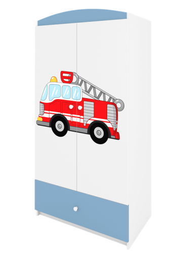 Babydreams garderobeskab til brn med brandbil, m. 2 lger, 1 skuffe - hvid og bl laminat