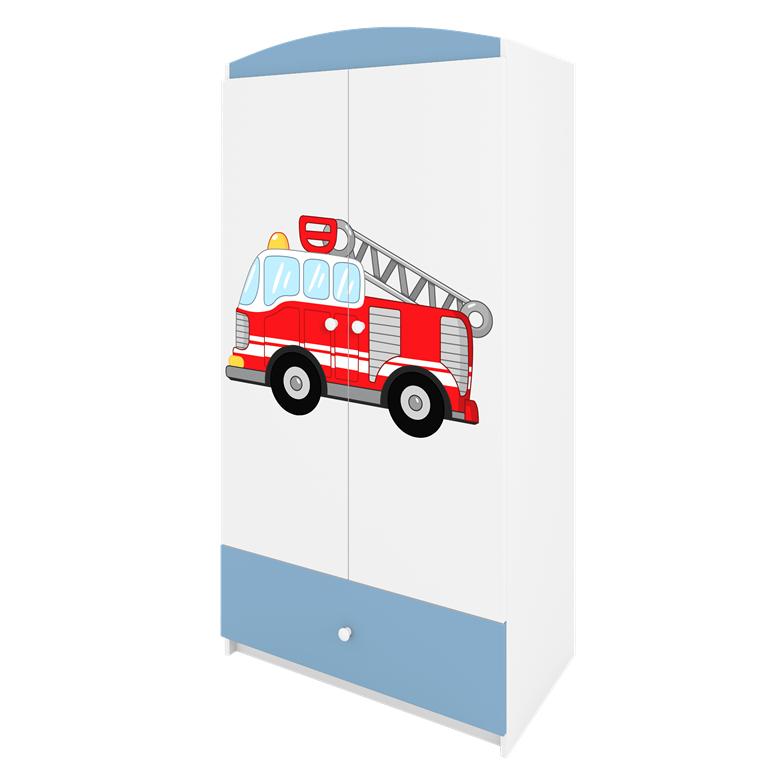 Babydreams garderobeskab til brn med brandbil, m. 2 lger, 1 skuffe - hvid og bl laminat