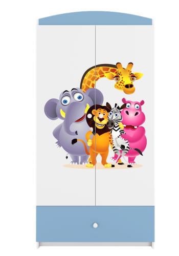 Babydreams garderobeskab til brn med Zoo dyr, m. 2 lger, 1 skuffe - hvid og bl laminat
