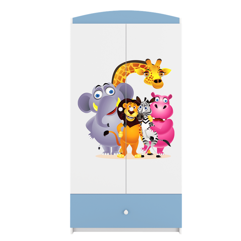 Babydreams garderobeskab til brn med Zoo dyr, m. 2 lger, 1 skuffe - hvid og bl laminat