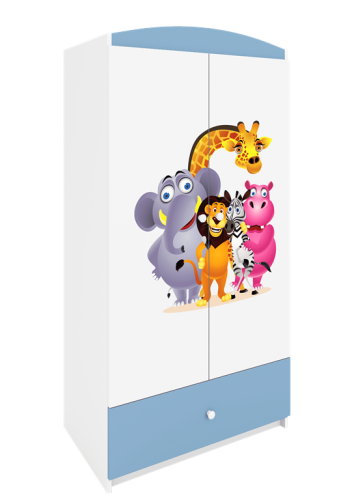 Babydreams garderobeskab til brn med Zoo dyr, m. 2 lger, 1 skuffe - hvid og bl laminat
