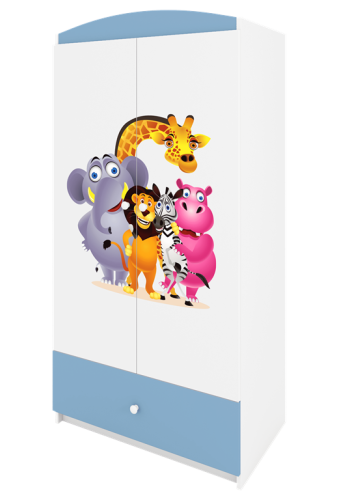 Babydreams garderobeskab til brn med Zoo dyr, m. 2 lger, 1 skuffe - hvid og bl laminat