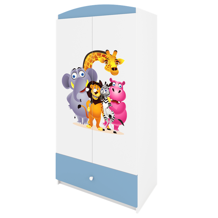 Babydreams garderobeskab til brn med Zoo dyr, m. 2 lger, 1 skuffe - hvid og bl laminat