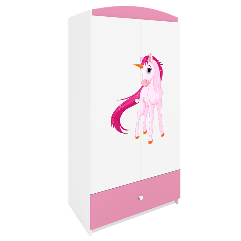 Babydreams garderobeskab til brn med enhjrning, m. 2 lger, 1 skuffe - hvid og lyserd laminat