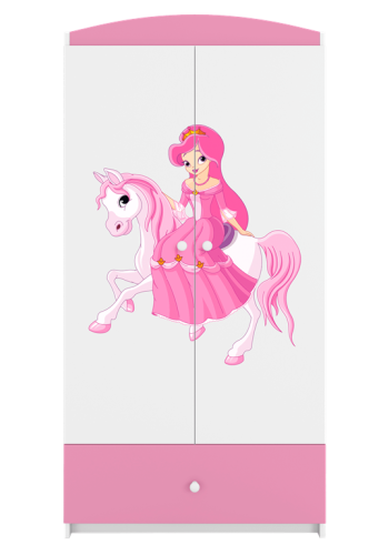 Babydreams garderobeskab til brn m. prinsesse p hest, m. 2 lger, 1 skuffe - hvid/lyserd laminat