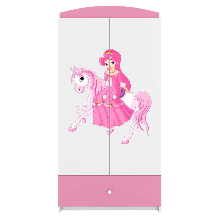 Babydreams garderobeskab til brn m. prinsesse p hest, m. 2 lger, 1 skuffe - hvid/lyserd laminat