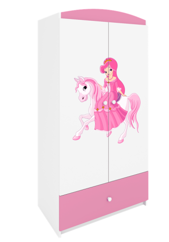 Babydreams garderobeskab til brn m. prinsesse p hest, m. 2 lger, 1 skuffe - hvid/lyserd laminat