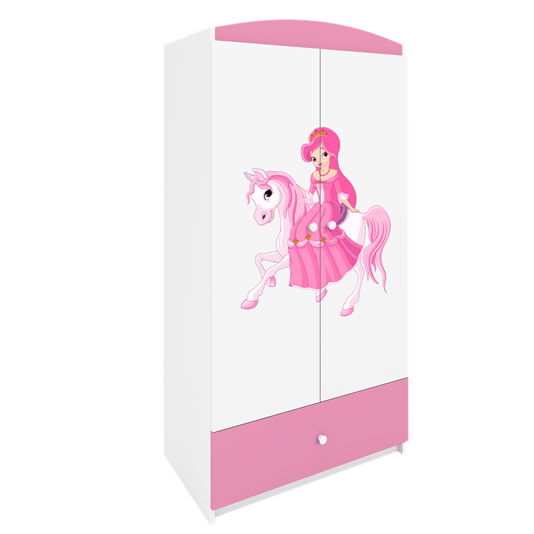 Babydreams garderobeskab til brn m. prinsesse p hest, m. 2 lger, 1 skuffe - hvid/lyserd laminat