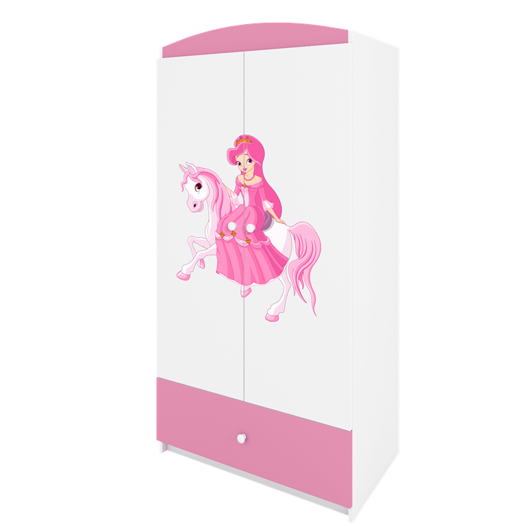 Babydreams garderobeskab til brn m. prinsesse p hest, m. 2 lger, 1 skuffe - hvid/lyserd laminat