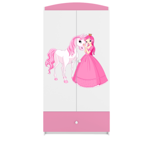 Babydreams garderobeskab til brn m. prinsesse med hest, m. 2 lger, 1 skuffe - hvid/lyserd laminat