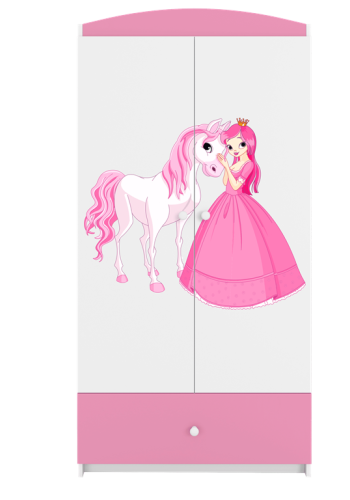 Babydreams garderobeskab til brn m. prinsesse med hest, m. 2 lger, 1 skuffe - hvid/lyserd laminat
