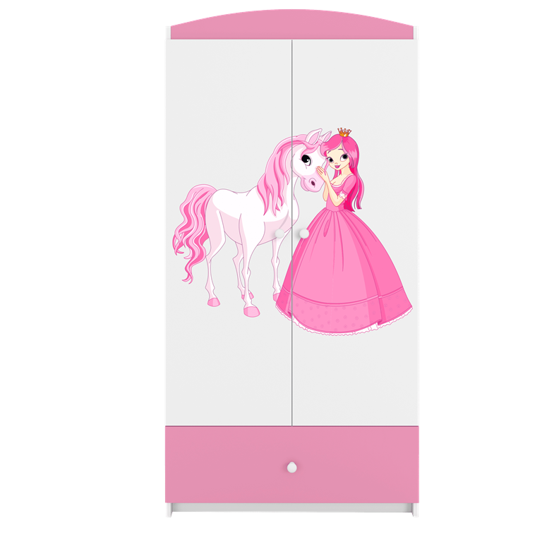 Babydreams garderobeskab til brn m. prinsesse med hest, m. 2 lger, 1 skuffe - hvid/lyserd laminat
