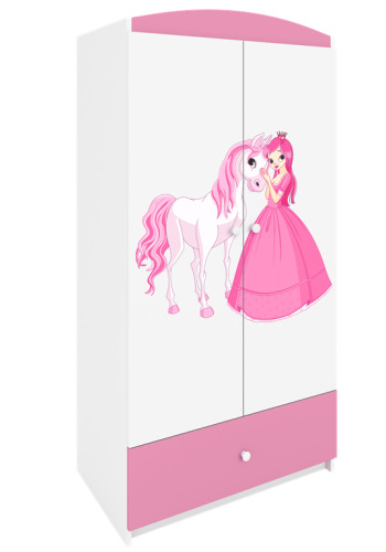 Babydreams garderobeskab til brn m. prinsesse med hest, m. 2 lger, 1 skuffe - hvid/lyserd laminat