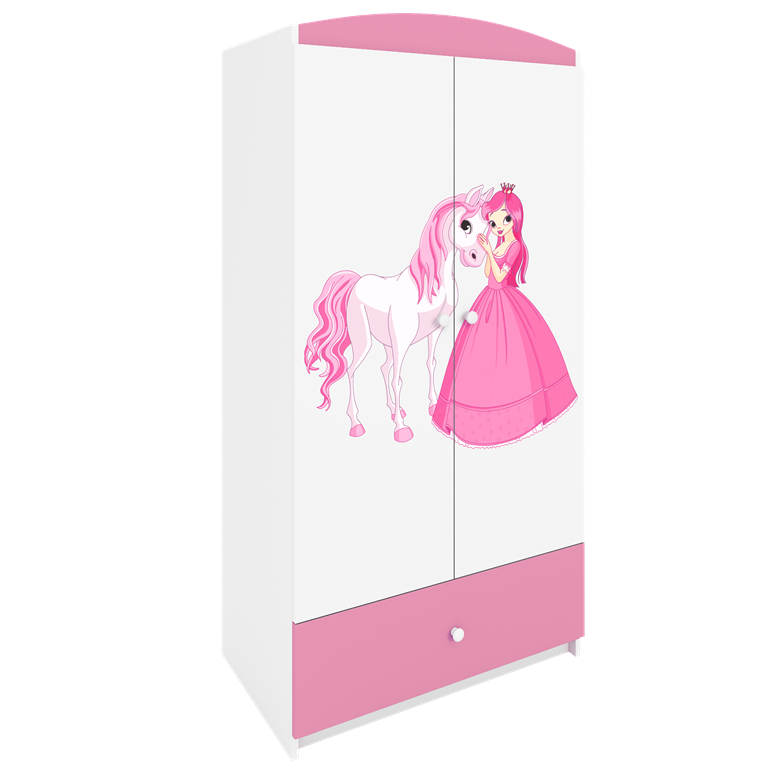 Babydreams garderobeskab til brn m. prinsesse med hest, m. 2 lger, 1 skuffe - hvid/lyserd laminat