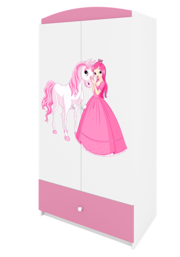 Babydreams garderobeskab til brn m. prinsesse med hest, m. 2 lger, 1 skuffe - hvid/lyserd laminat