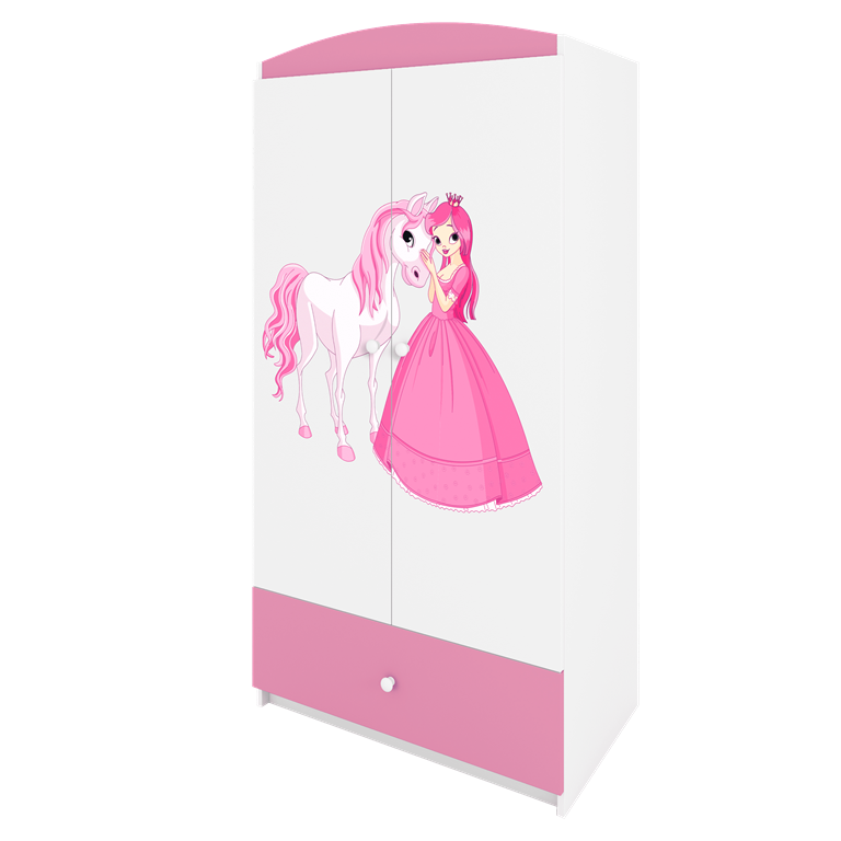 Babydreams garderobeskab til brn m. prinsesse med hest, m. 2 lger, 1 skuffe - hvid/lyserd laminat